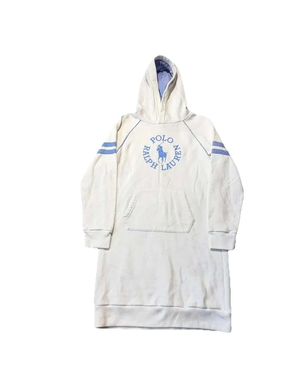 Polo Ralph Lauren Girls Big Pony Fleece Hoodie Dress White Blue Large (12/14)